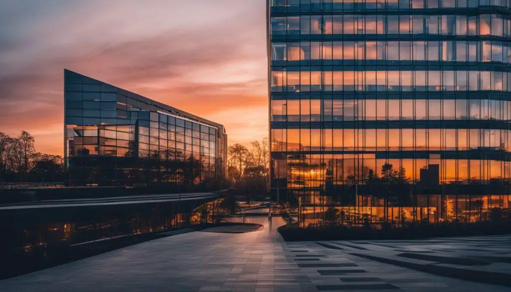 Ein modernes Bürogebäude bei Sonnenuntergang in Architekturfotografie.